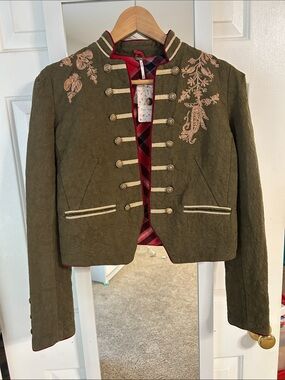 NWT Free People Olive Green Embroidered Military Blazer XS